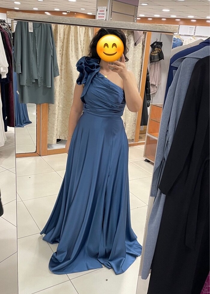 Yarım kol detaylı saten buz mavisi abiye - Görsel 2