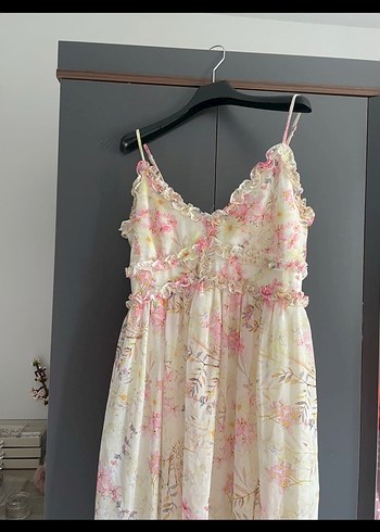 Pembe Ekru Çiçek Detaylı Bohem Uzun Elbise - Görsel 3