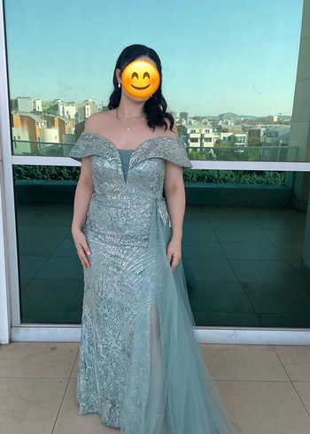 Turkuaz Drapeli Uzun Abiye Elbise - Görsel 2