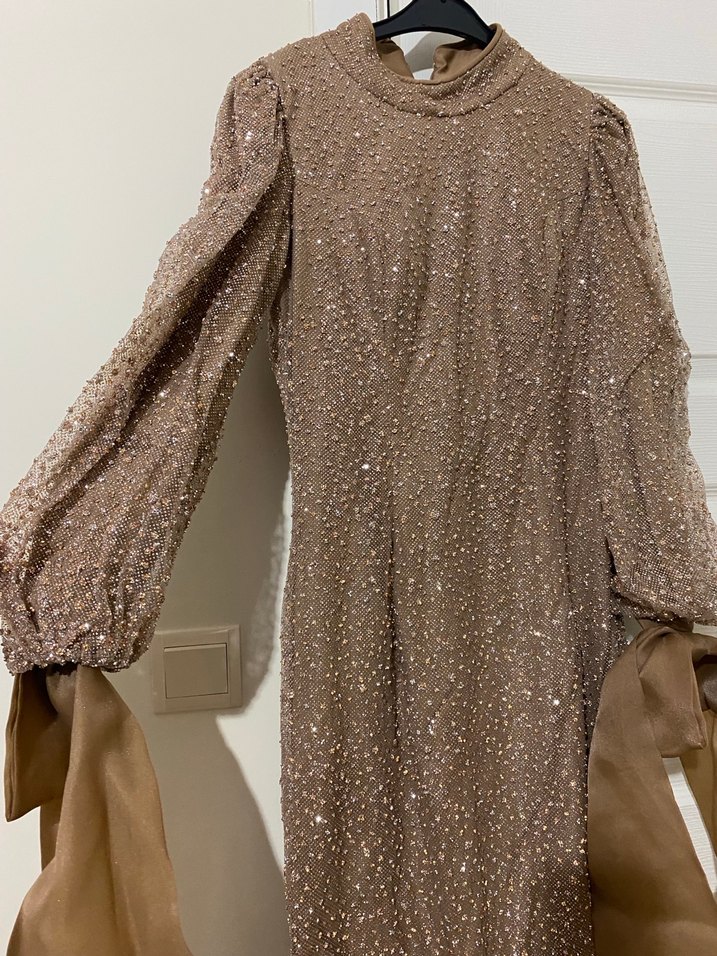 Bej Parlak Uzun Kollu Uzun Abiye Elbise - Görsel 2