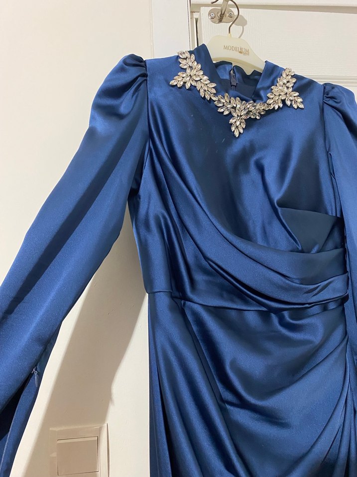 Uzun Lacivert Drapeli Abiye Elbise - Görsel 2