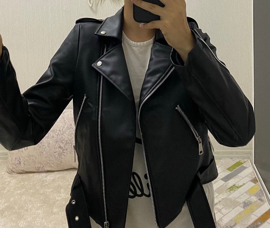 Kadın Siyah Deri Biker Ceket Kemerli - Görsel 2