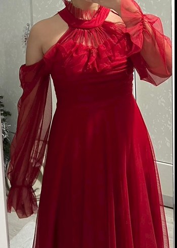 Bordo Uzun Kollu Drapeli Kadın Abiye Elbise - Görsel 2