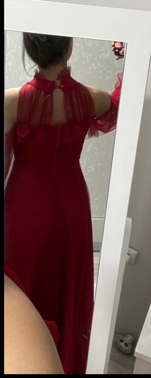 Bordo Uzun Kollu Drapeli Kadın Abiye Elbise - Görsel 3