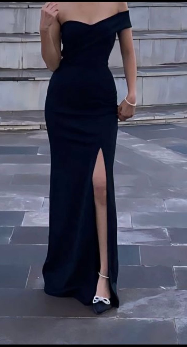 Siyah Uzun Drapeli V Yaka Abiye Elbise - Görsel 2