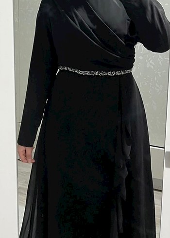 Siyah Uzun Drapeli tesettür abiye - Görsel 2