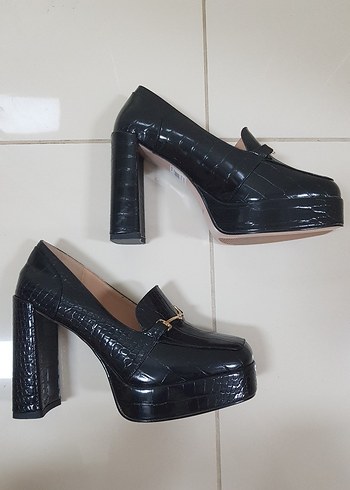Klasik Siyah Yılan Derisi Platform Topuklu Ayakkabı - Görsel 8
