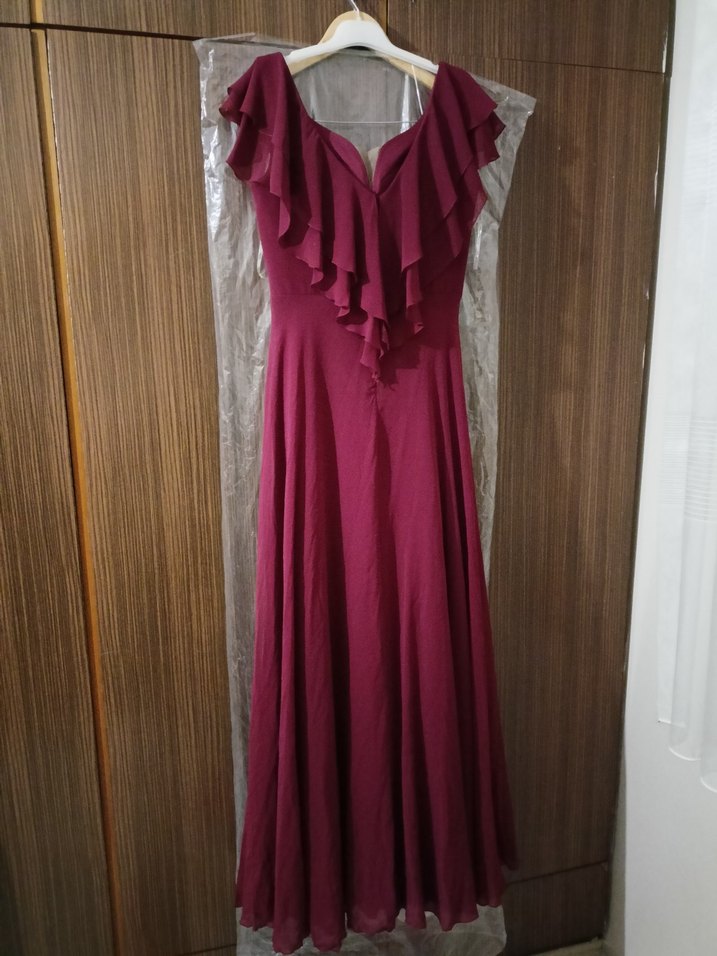 Bordo Uzun Drapeli Kadın Abiye Elbise - Görsel 2