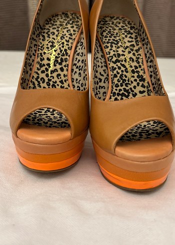 37 Beden Bej Deri iç astarı Leopar Desenli Platform Topuklu Stiletto