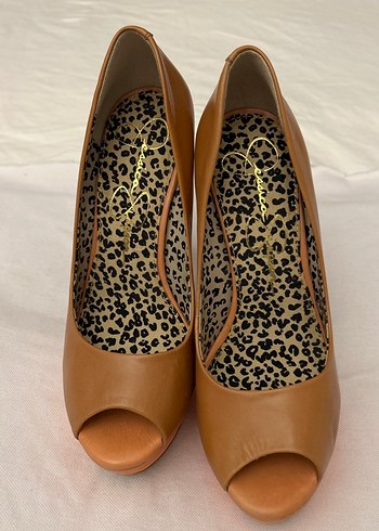 Bej Deri iç astarı Leopar Desenli Platform Topuklu Stiletto
