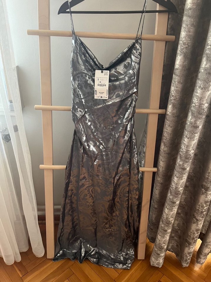 Zara Gri Drapeli Uzun Kadın Elbise - Görsel 2