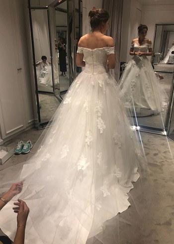 Beyaz Straplez Dantel İşlemeli A Kesim Gelinlik - Görsel 7