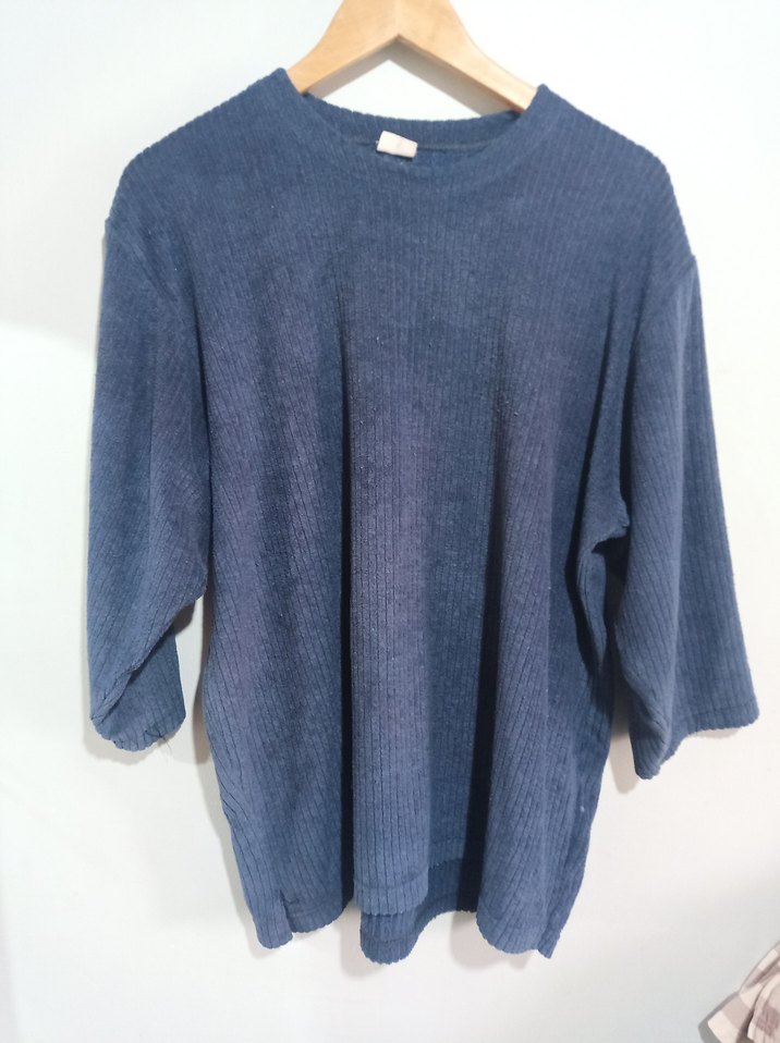 Lacivert mavi havlu kumaş Kadın Kazak - Görsel 5