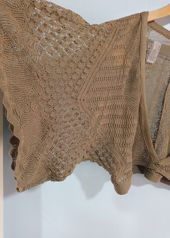 Haki dantel çiçek görünüm Örgü Mini Bohem Hırka crop büstiyer - Görsel 5