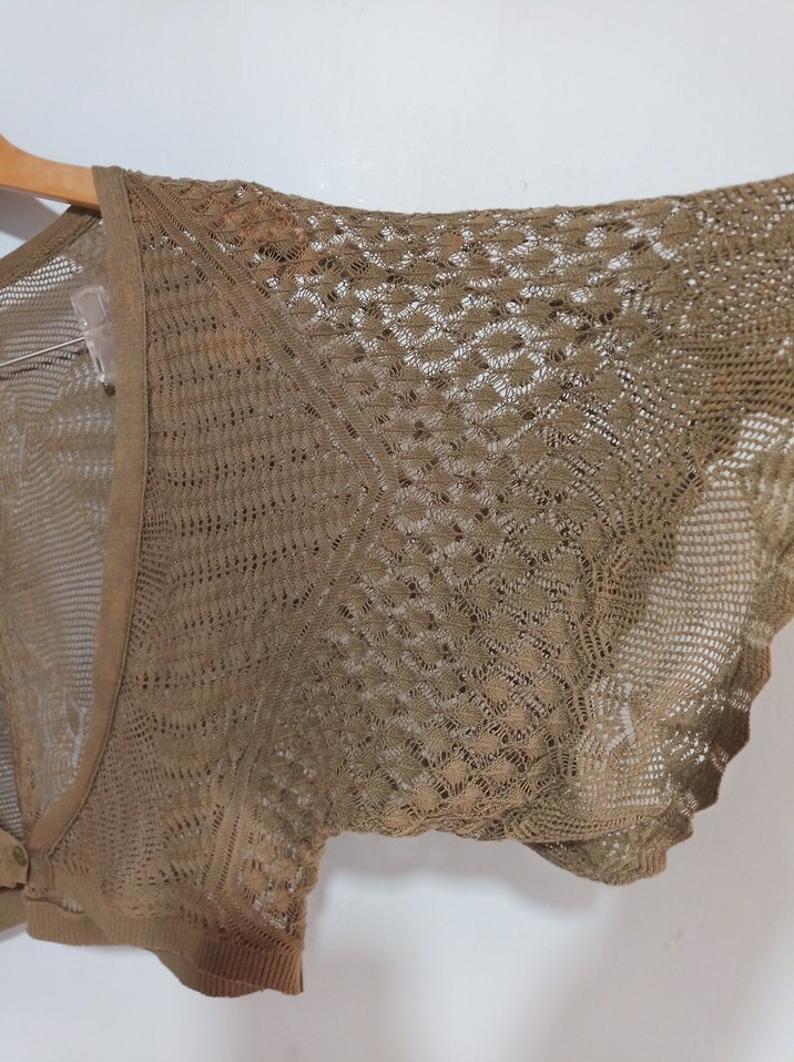Haki dantel çiçek görünüm Örgü Mini Bohem Hırka crop büstiyer - Görsel 2