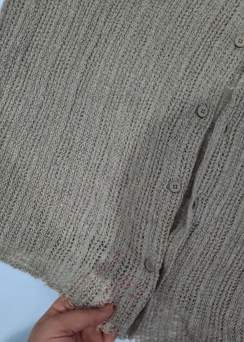 Bej Kısa Kollu Örgü Keten Kadın Gömlek - Görsel 4