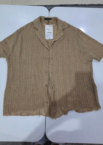 Bej Kısa Kollu Örgü Keten Kadın Gömlek - Görsel 2