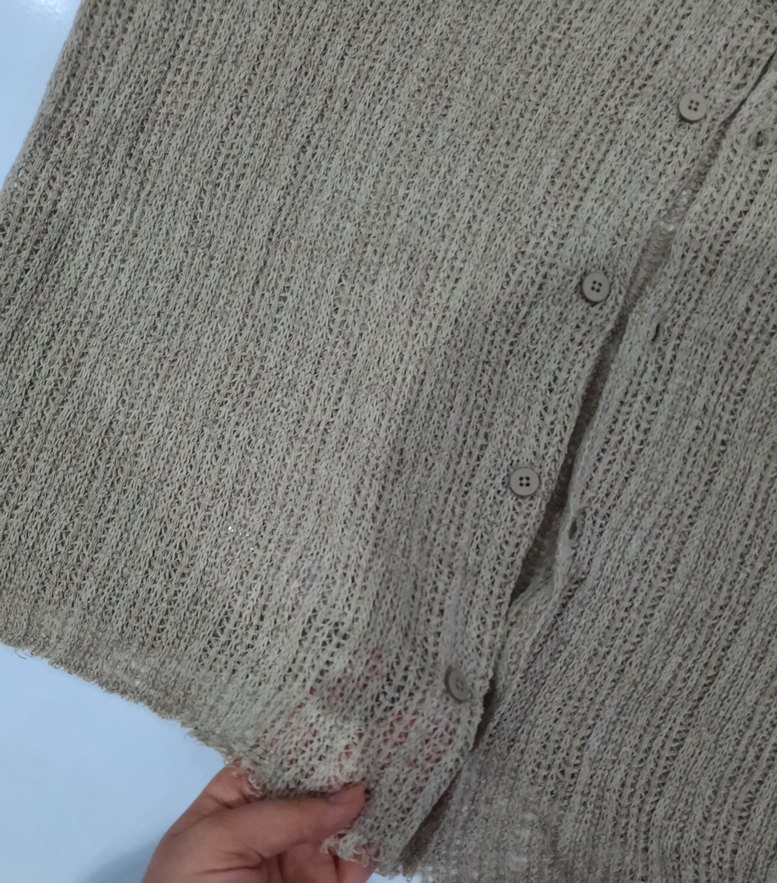 Bej Kısa Kollu Örgü Keten Kadın Gömlek - Görsel 4