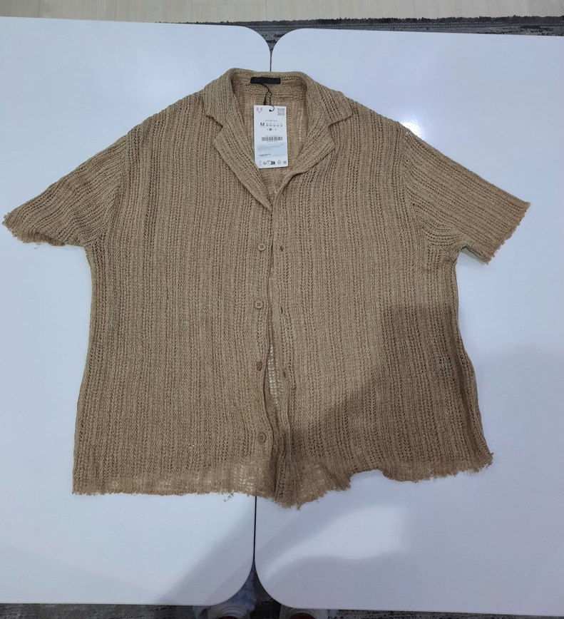 Bej Kısa Kollu Örgü Keten Kadın Gömlek - Görsel 2