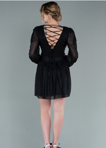 Kemer Detaylı Siyah Uzun Kollu Elbise - Görsel 6