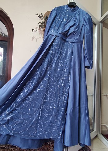 Uzun Kollu Nakışlı Mavi Abiye Elbise - Görsel 4