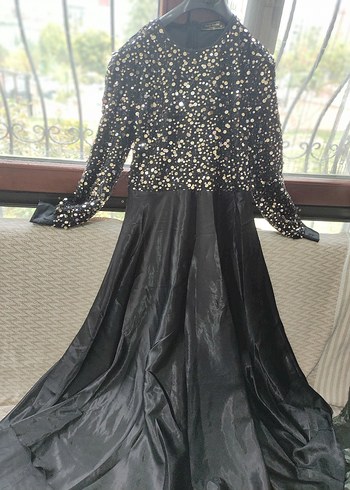 Parlak Payetli Siyah Uzun Kollu Abiye Elbise - Görsel 2