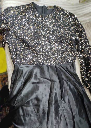 Parlak Payetli Siyah Uzun Kollu Abiye Elbise - Görsel 3