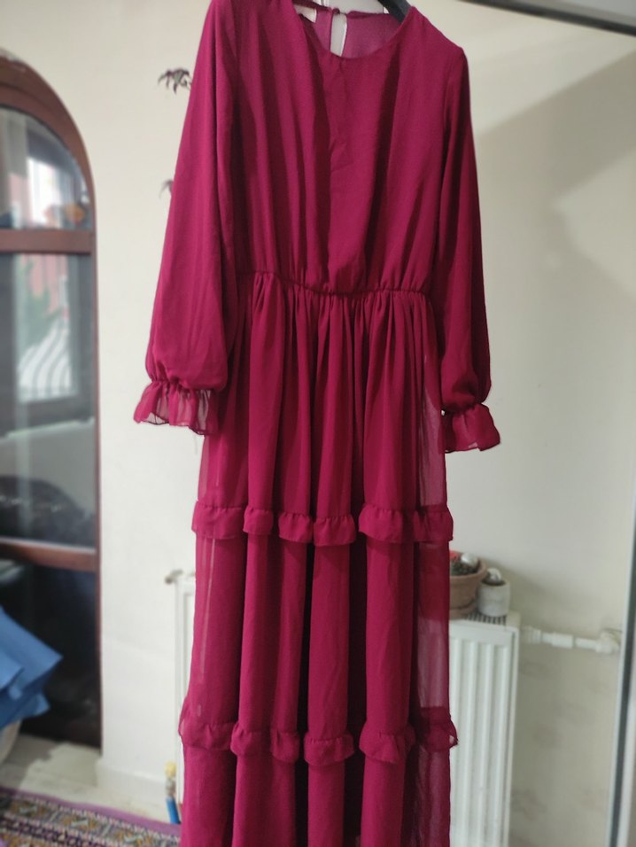 Bordo Uzun Kollu Bohem Elbise - Görsel 5