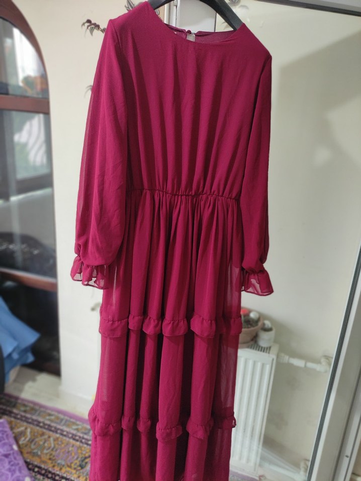 Bordo Uzun Kollu Bohem Elbise - Görsel 2