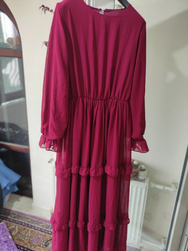 Bordo Uzun Kollu Bohem Elbise - Görsel 4