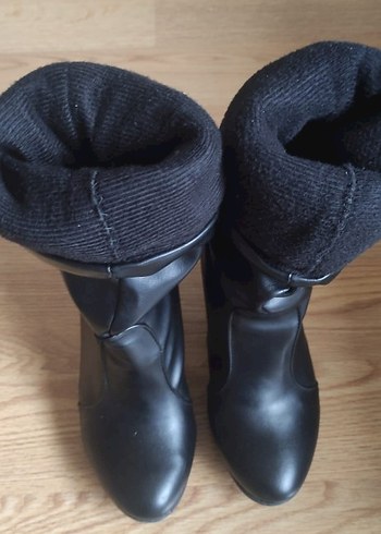 Siyah Deri Diz Üstü Pliseli Topuklu Botlar - Görsel 7