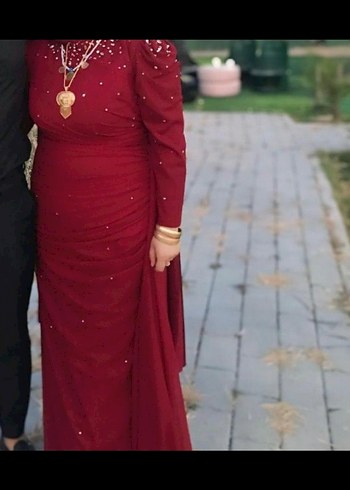 48 Beden Bordo Uzun Kollu Drapeli Abiye Elbise