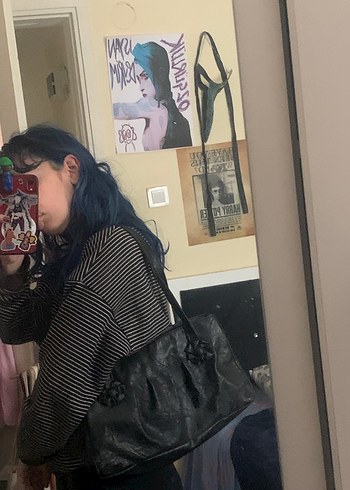 Vintage Siyah Deri Omuz Çantası - Görsel 7