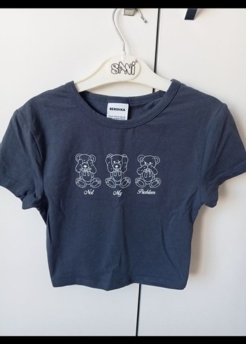 Bershka Mavi Baskılı Kısa Kollu Crop Tişört