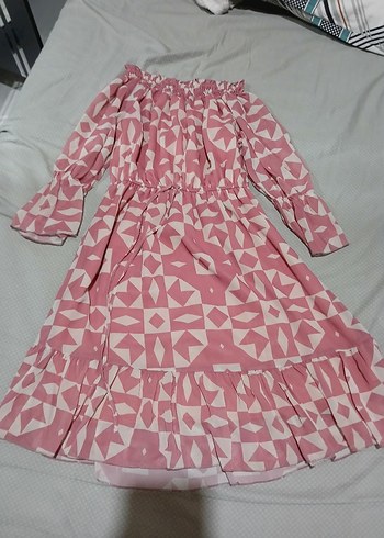 Pembe Bohem Uzun Kollu Fırfırlı Elbise