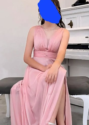 Pudra Pembe V Yaka Uzun Drapeli Abiye Elbise