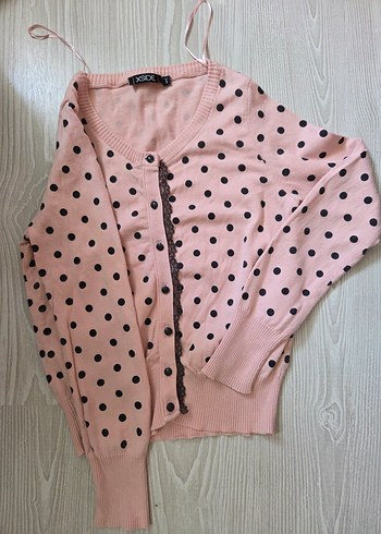 Puantiyeli Pembe Düğmeli Kadın Hırka