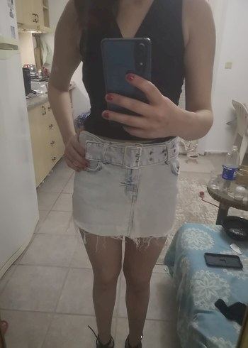 Bershka Gri Kemerli Mini Denim Etek
