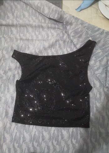Siyah Parlak pullu Mini Crop Top