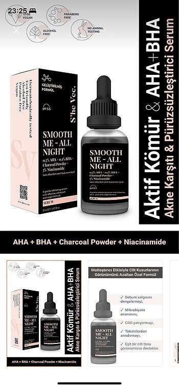 Diğer She vec -SMOOTH ME - ALL NIGHT 0,5% AHA + 0,1% BHA + Charcoal Po