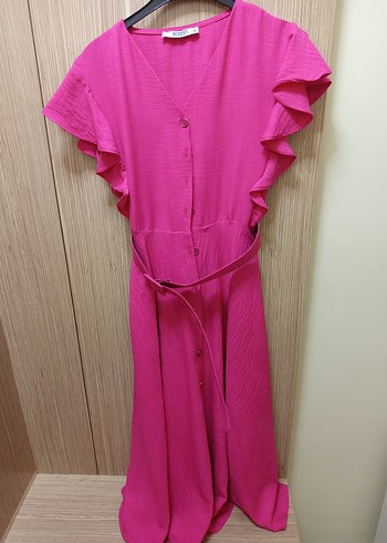 Pembe Volanlı Uzun Bohem Elbise