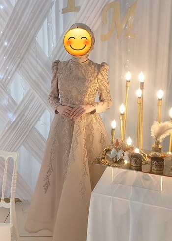 s Beden Bej Nakışlı Uzun Kollu Tesettür Nişan Elbisesi