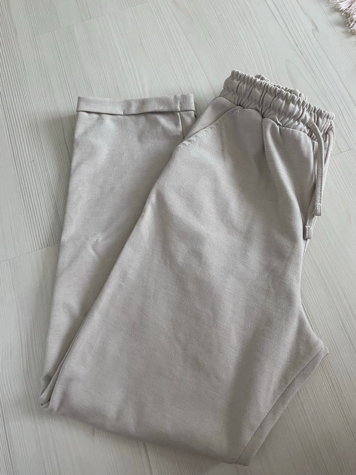 Bej Kadın Keten Midi Kumaş Pantolon - Görsel 2