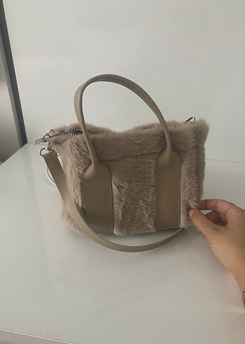 Bej Süet Kürklü Günlük Kadın Çantası - Görsel 3