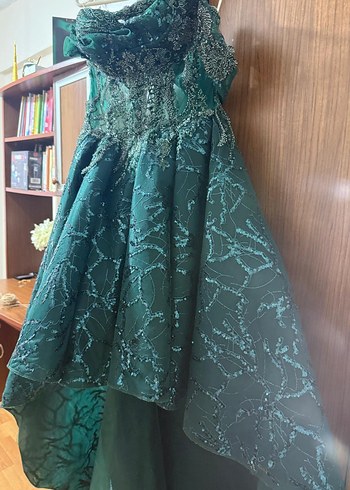 Drapeli Straplez Uzun Yeşil Nişan Elbisesi - Görsel 6