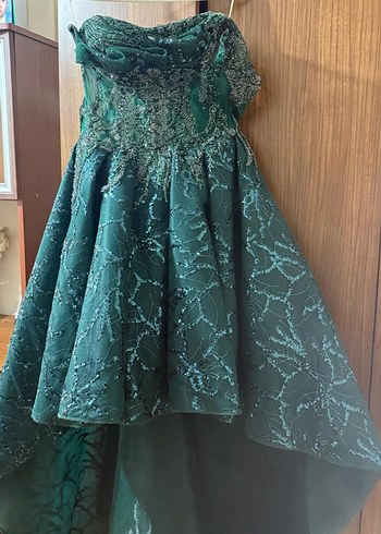 Drapeli Straplez Uzun Yeşil Nişan Elbisesi - Görsel 5