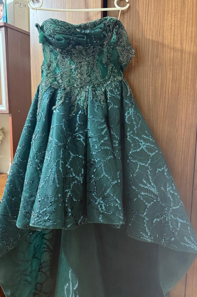 Drapeli Straplez Uzun Yeşil Nişan Elbisesi - Görsel 5