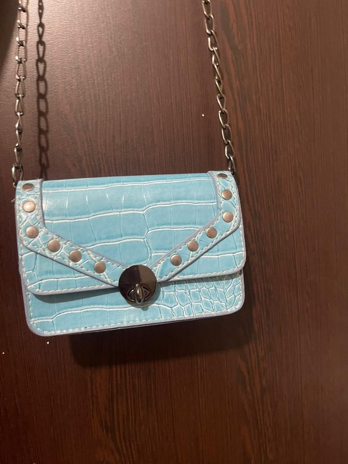 Turkuaz Yılan Derisi Desenli Zincir Detaylı küçük Çanta - Görsel 2