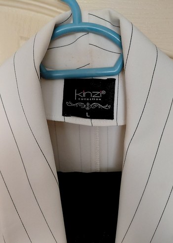 l Beden Düğmeli Beyaz Çizgili Kadın Blazer