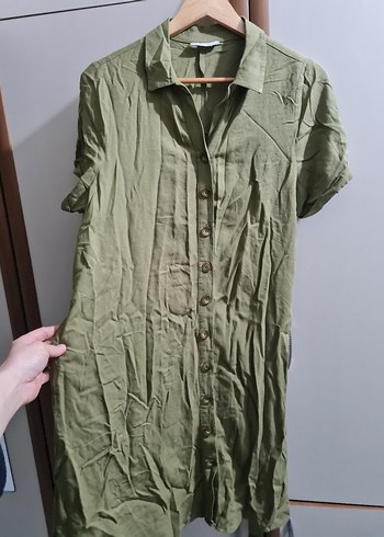 Düğmeli Kısa Kollu Keten Midi Elbise - Görsel 2